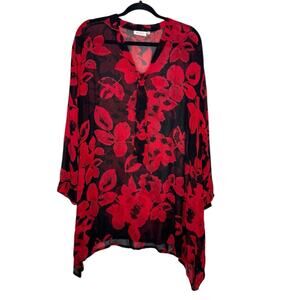 MASAI / Bulma red black floral sheer oversized tunic blouse top / XL